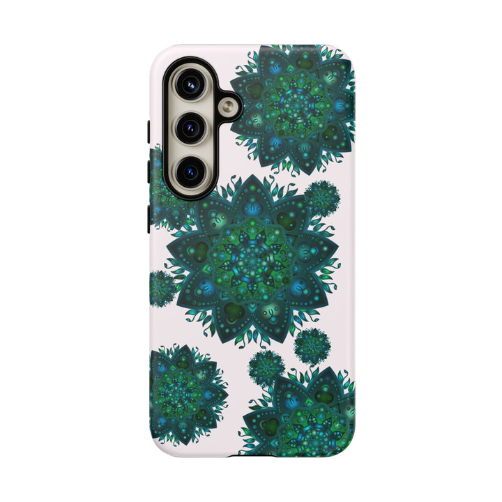 A beautiful light pink and green mandala phone case with a peaceful and intricate design, perfect for adding a touch of serenity to your device