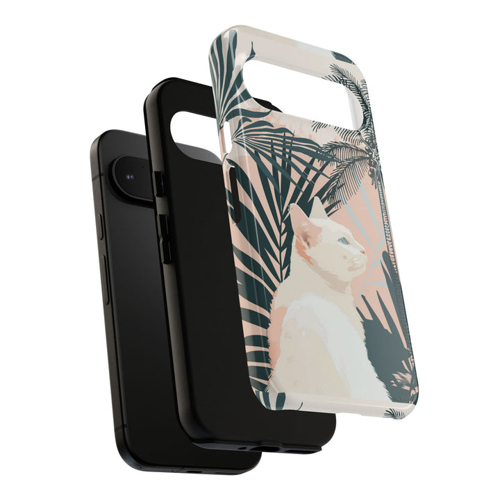 Tropische Katzen-Telefonhülle mit üppigen Palmenmotiven und sanften Pastelltönen