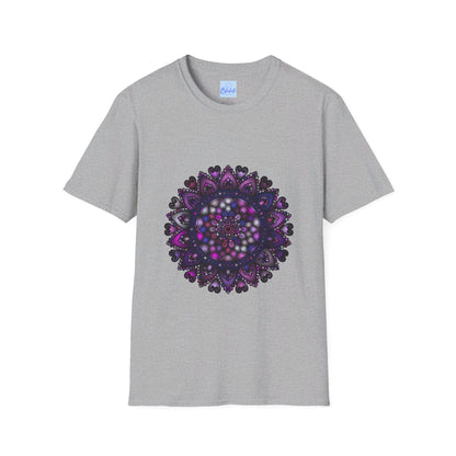 Softstyle unisex t-shirt in purple featuring hand-drawn mandala art design