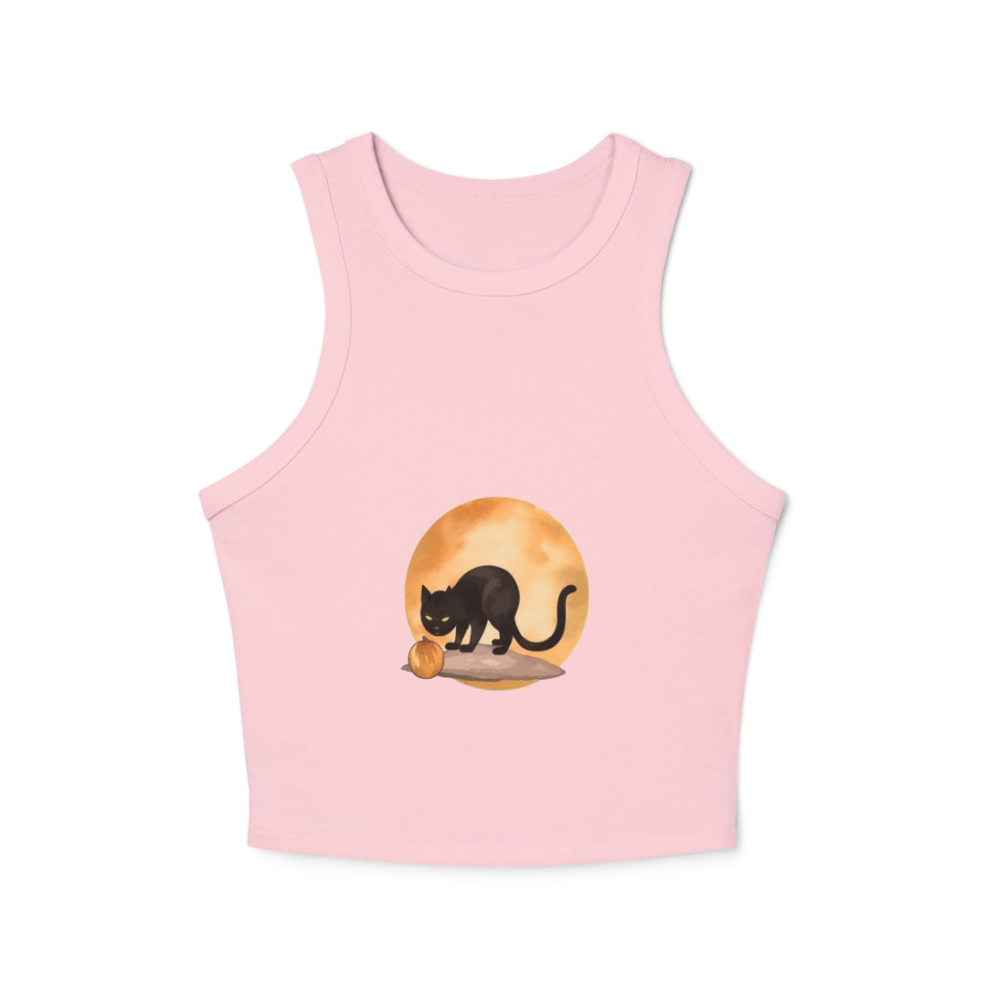 Black Cat Moonlit Pumpkin Racerback Tank Top with pumpkin and moon graphic