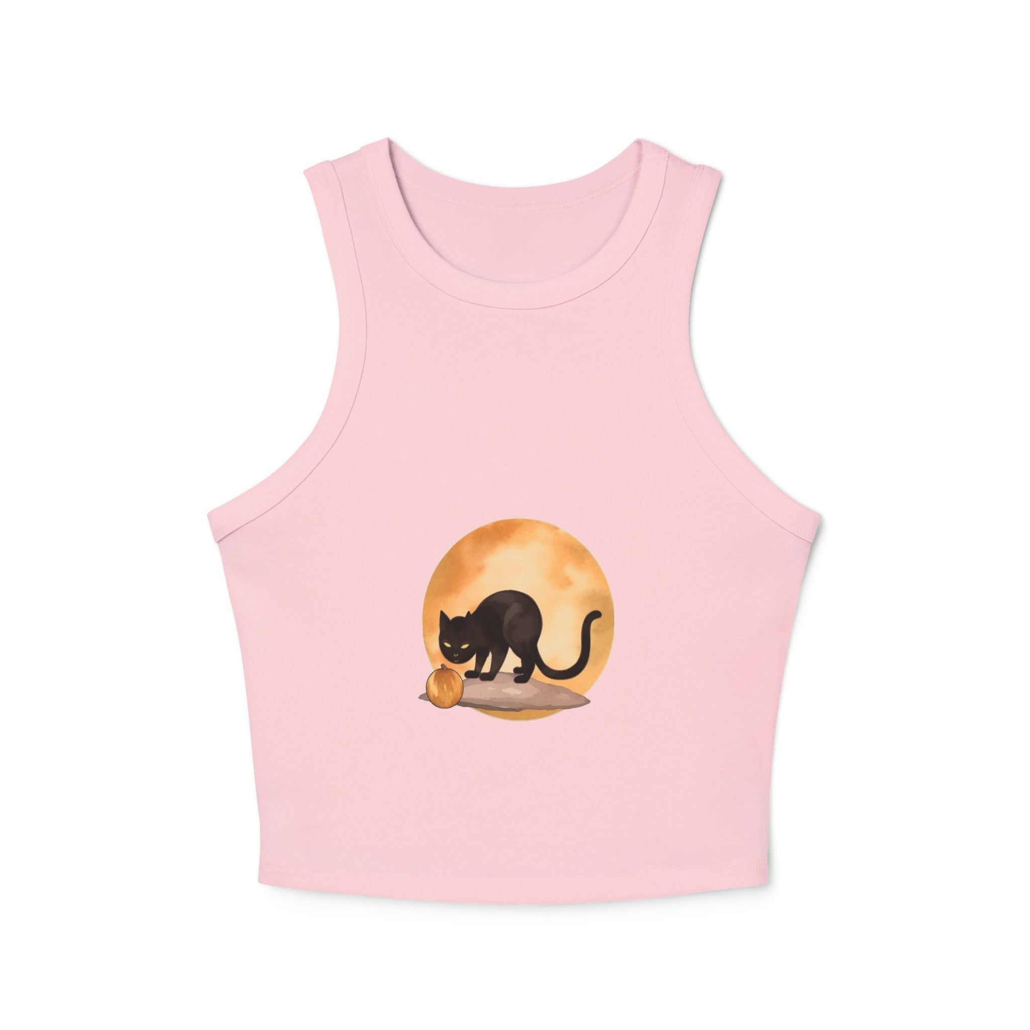 Black Cat Moonlit Pumpkin Racerback Tank Top with pumpkin and moon graphic