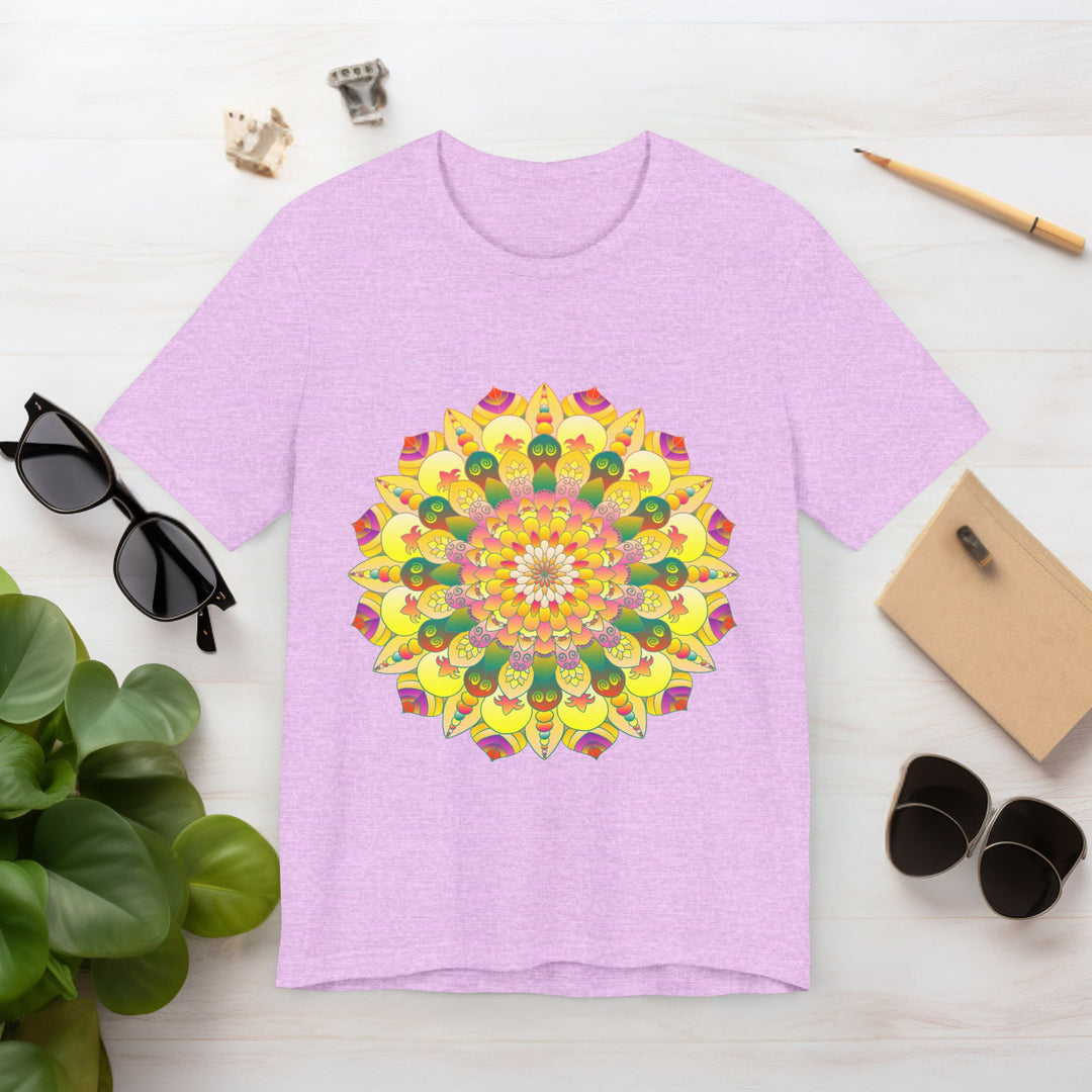 A close-up image of the Vibrant Mandala Tee, featuring intricate spiritual symbols and vibrant colors that evoke a sense of peace and harmony