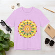 A close-up image of the Vibrant Mandala Tee, featuring intricate spiritual symbols and vibrant colors that evoke a sense of peace and harmony