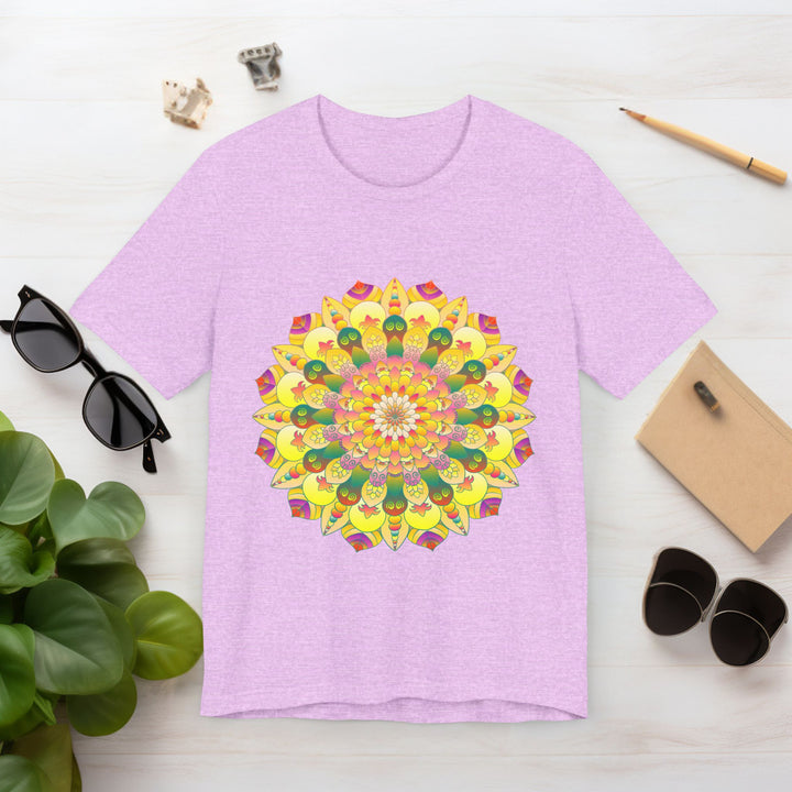 A close-up image of the Vibrant Mandala Tee, featuring intricate spiritual symbols and vibrant colors that evoke a sense of peace and harmony