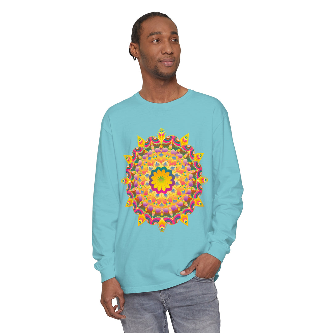 Colorful and intricate psychedelic mandala design on a long sleeve t-shirt