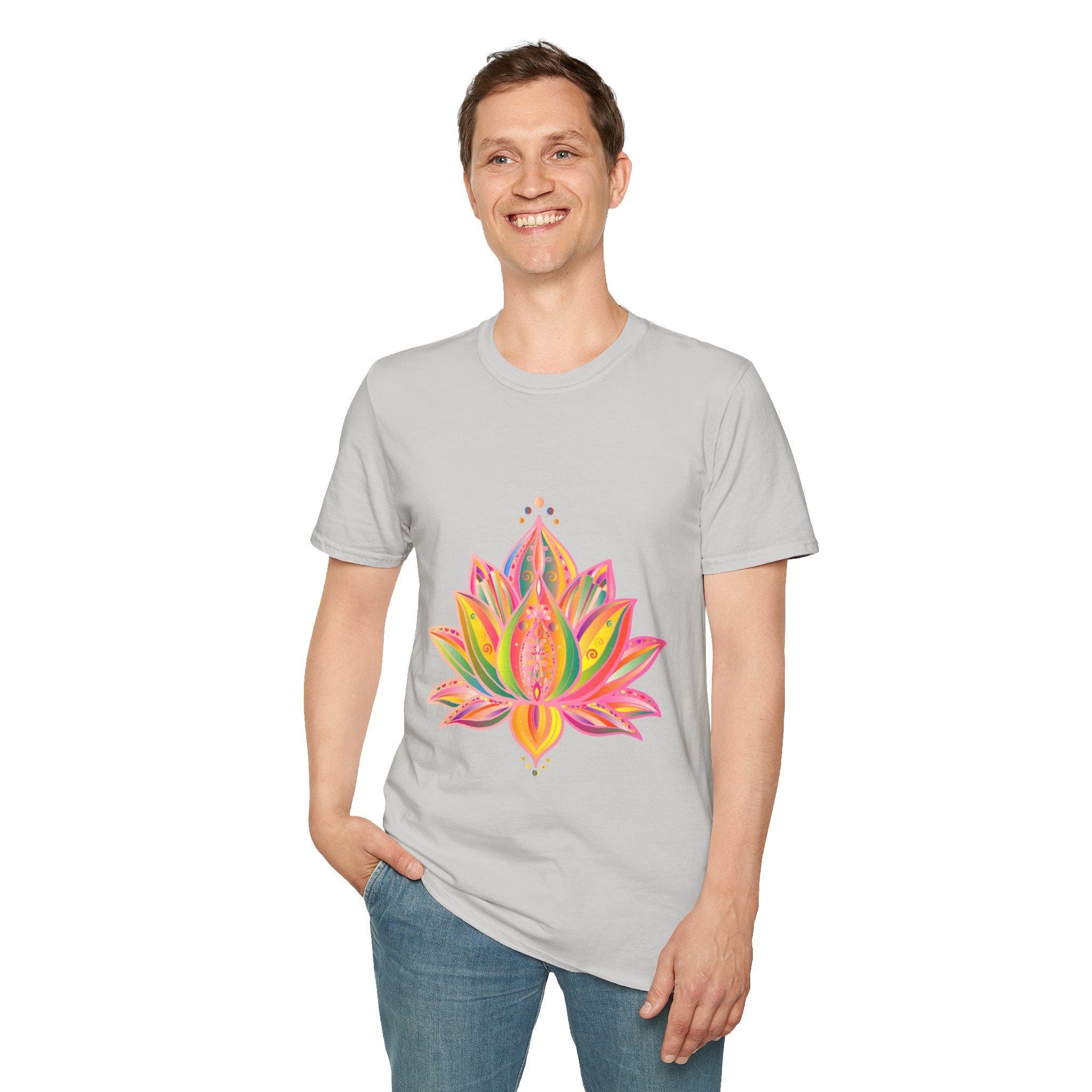 Lotus Mandala Unisex T-Shirt featuring a hand-drawn, unique design by Blululi