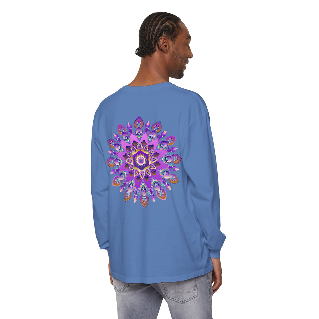 Vibrant purple and gold mandala long sleeve t-shirt with intricate design