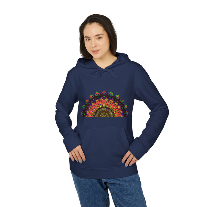 A close-up image of a cozy Blululi Mandala Fleece Hoodie, featuring custom Adidas branding