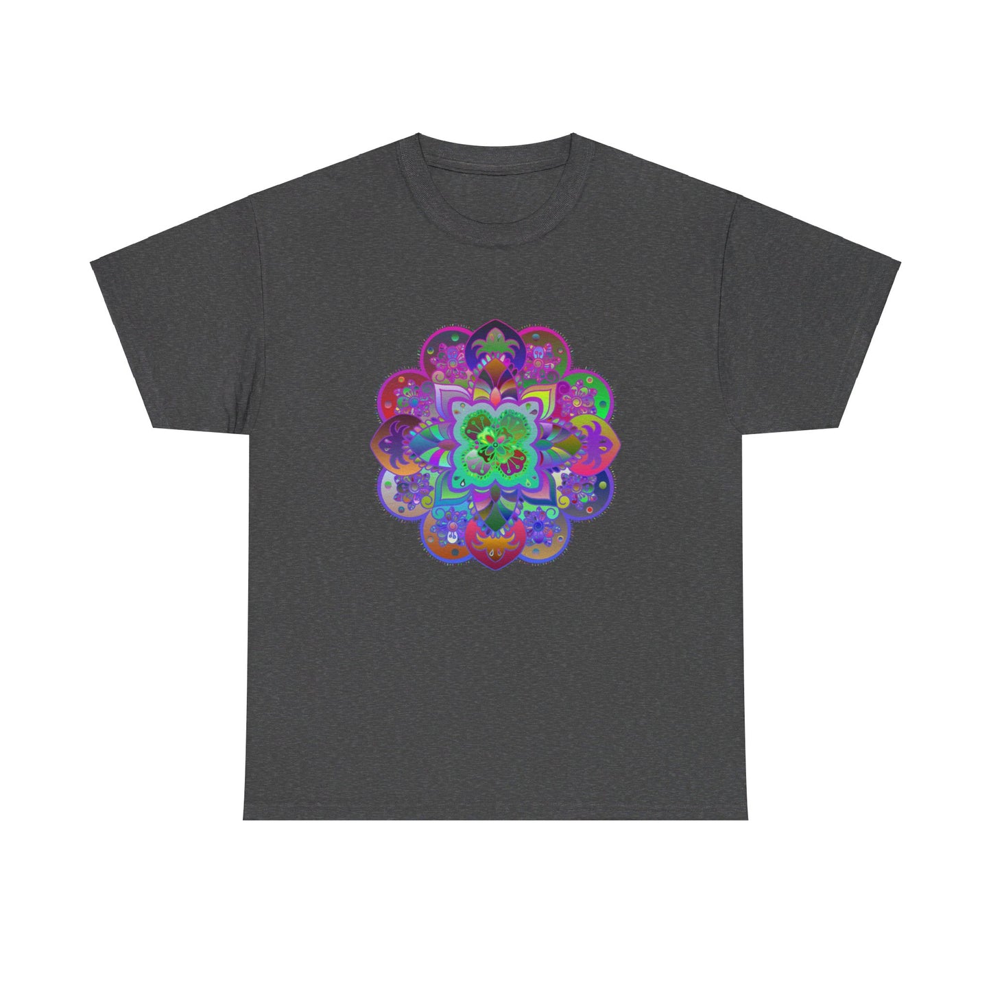 Colorful mandala art design printed on a soft and comfortable unisex cotton t-shirt for yoga and mindfulness enthusiasts