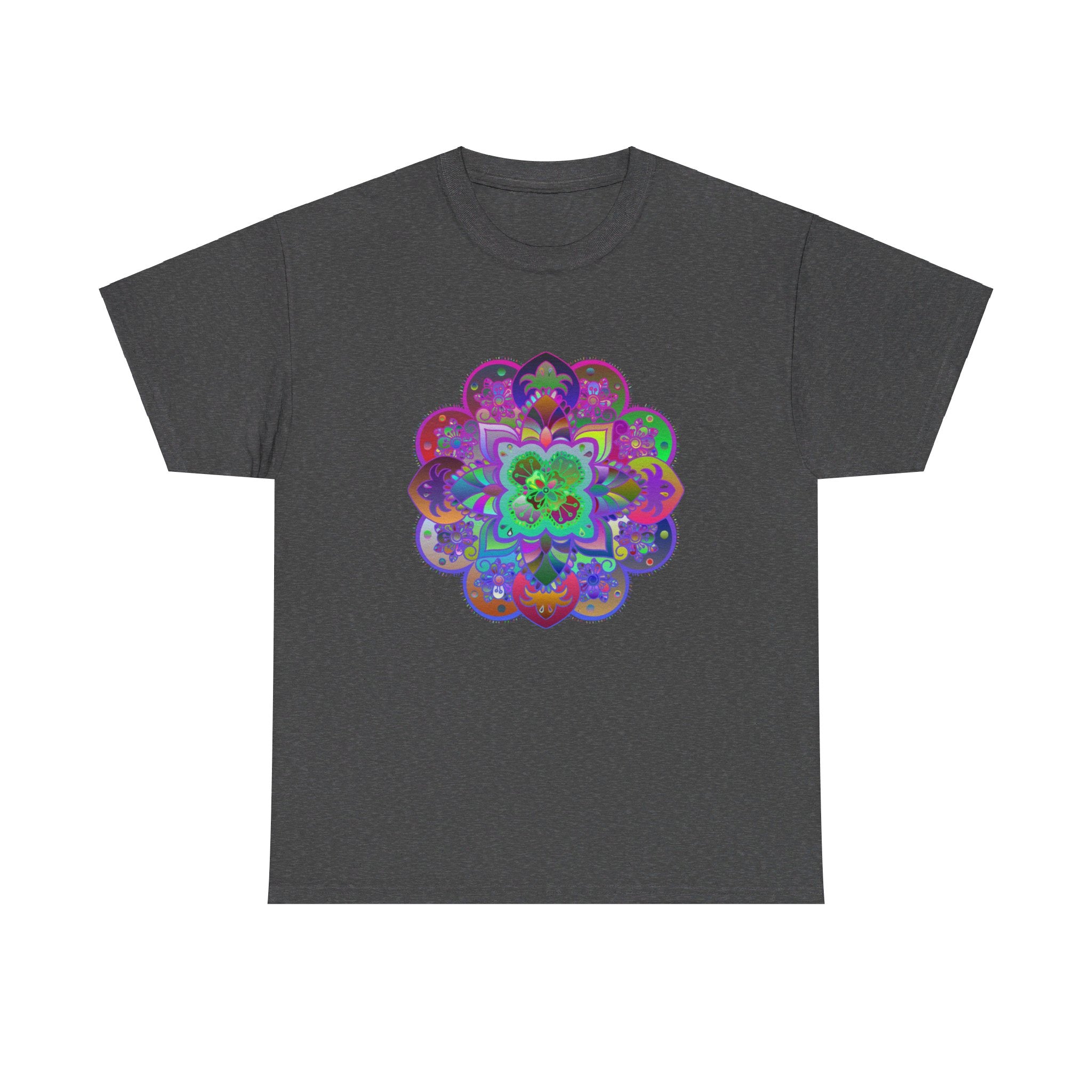 Colorful mandala art design printed on a soft and comfortable unisex cotton t-shirt for yoga and mindfulness enthusiasts