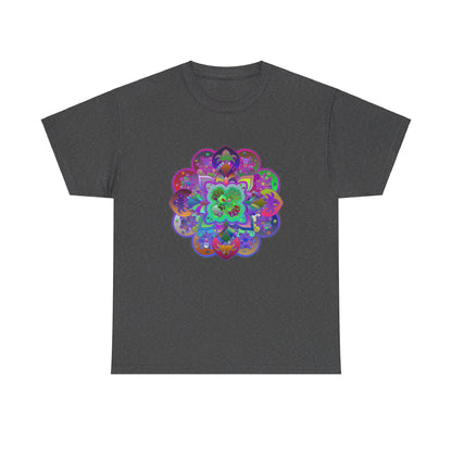 Colorful mandala art design printed on a soft and comfortable unisex cotton t-shirt for yoga and mindfulness enthusiasts