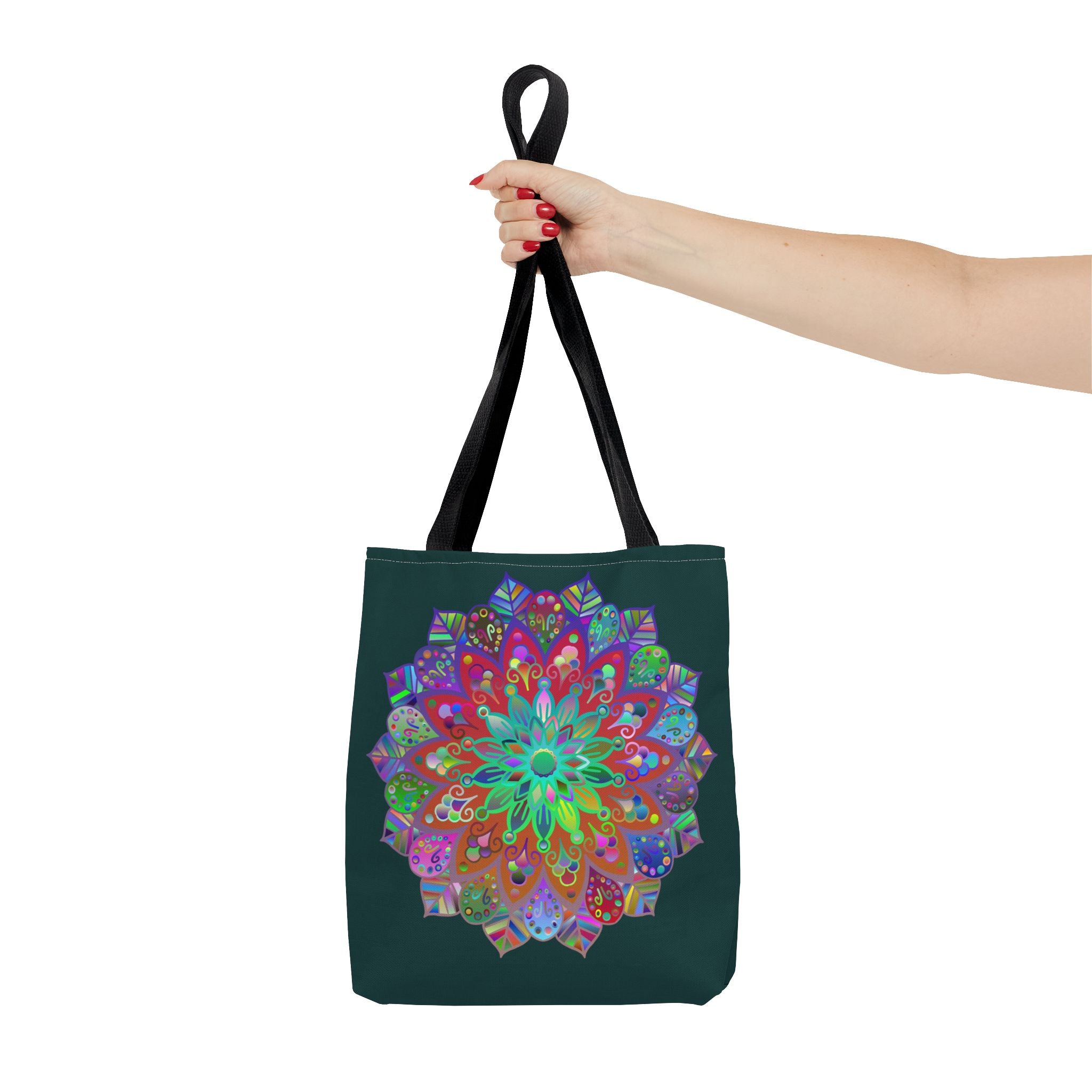 Dark green tote bag with a vibrant and intricate mandala design