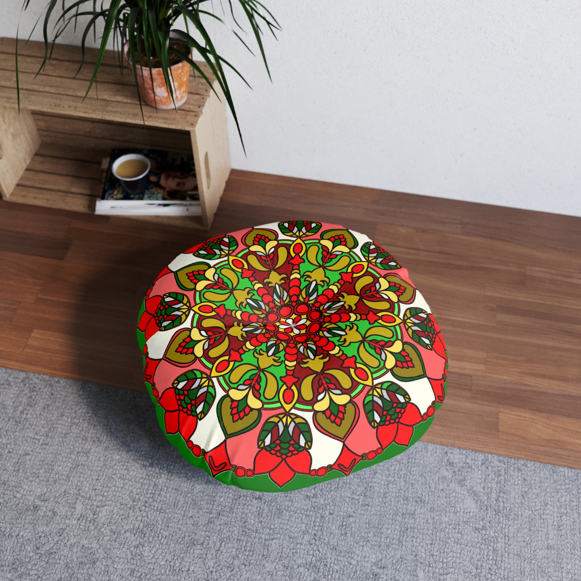 Round pillow featuring original fine art with intricate mandala design