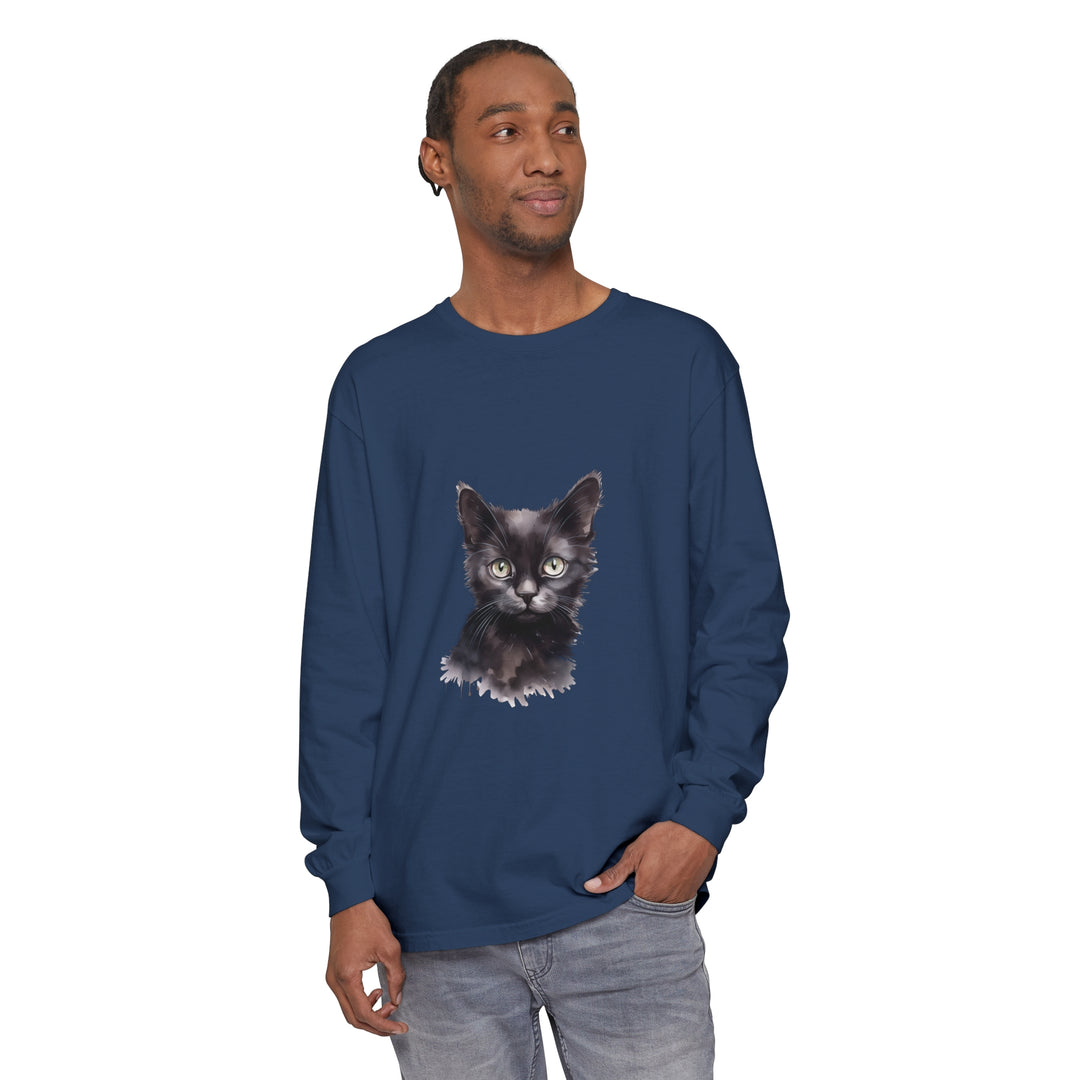 Black Cat Watercolor Long Sleeve T-Shirt -  Beautiful watercolor design of a black cat on a long sleeve shirt