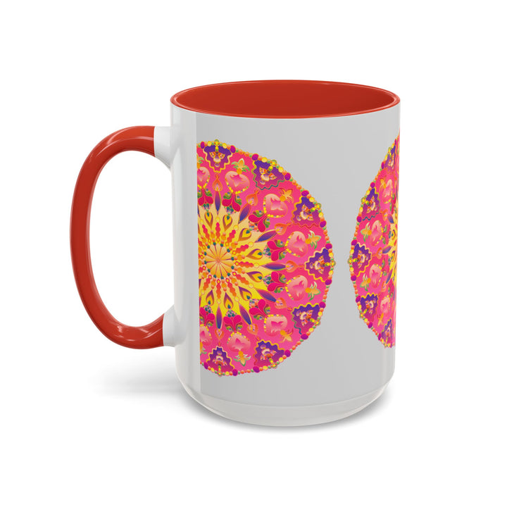 Beautifully painted mandala art mug in pink, yellow, and green hues