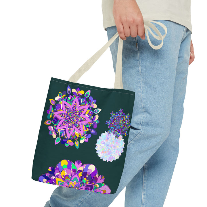 Colorful mandala tote bag with intricate floral and geometric designs, perfect for adding a pop of bohemian style to your everyday look