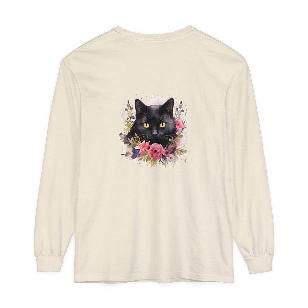 Black Cat Floral Watercolor Long Sleeve T-Shirt with vibrant watercolor design