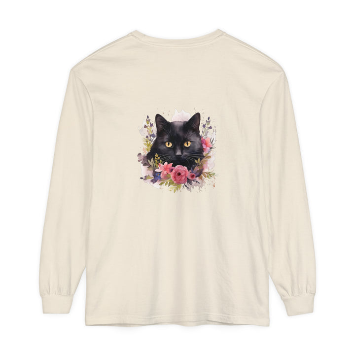 Black Cat Floral Watercolor Long Sleeve T-Shirt with vibrant watercolor design