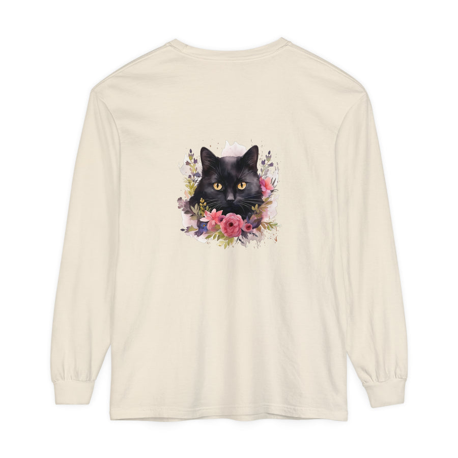 Black Cat Floral Watercolor Long Sleeve T-Shirt with vibrant watercolor design