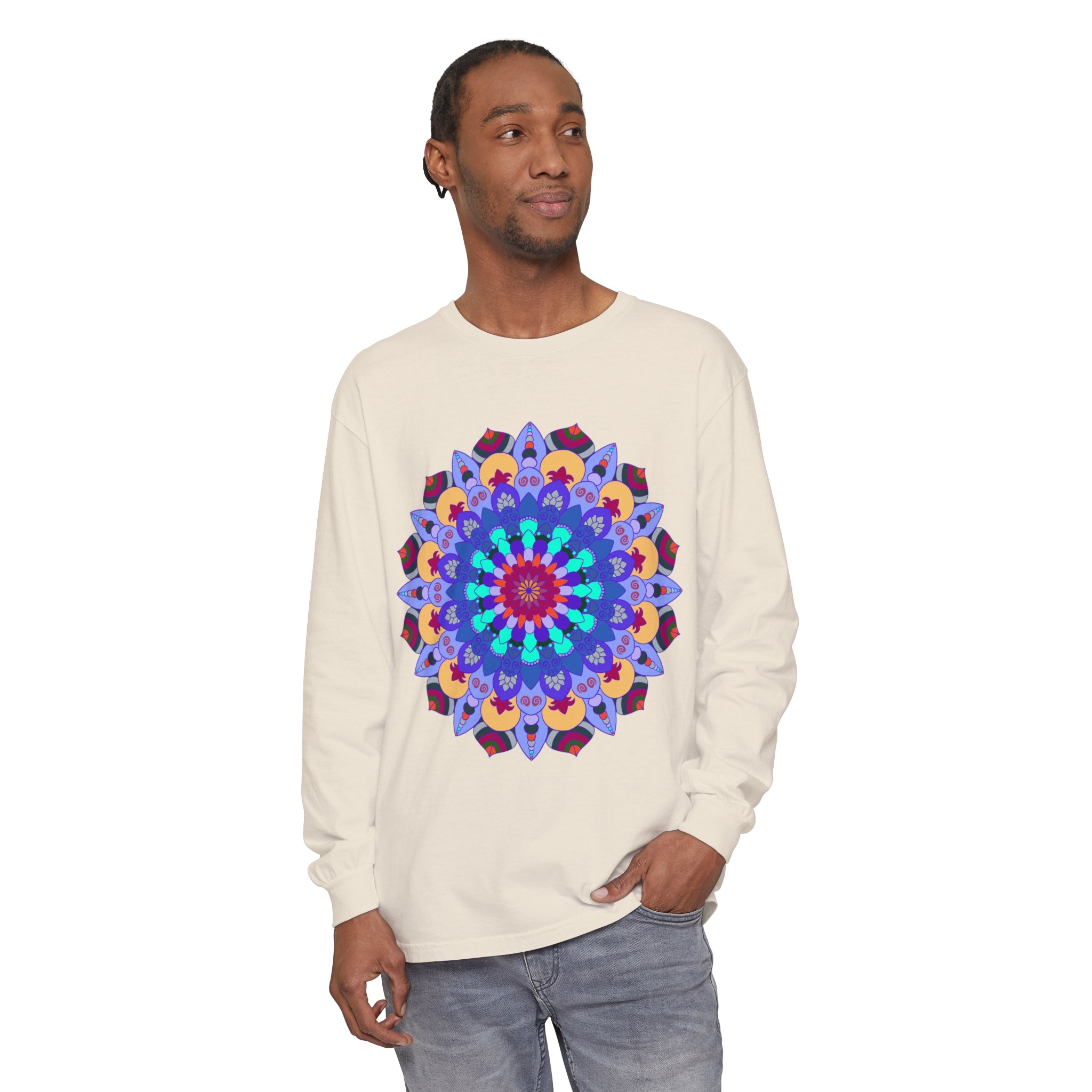 Colorful and intricate mandala design on a long sleeve T-shirt