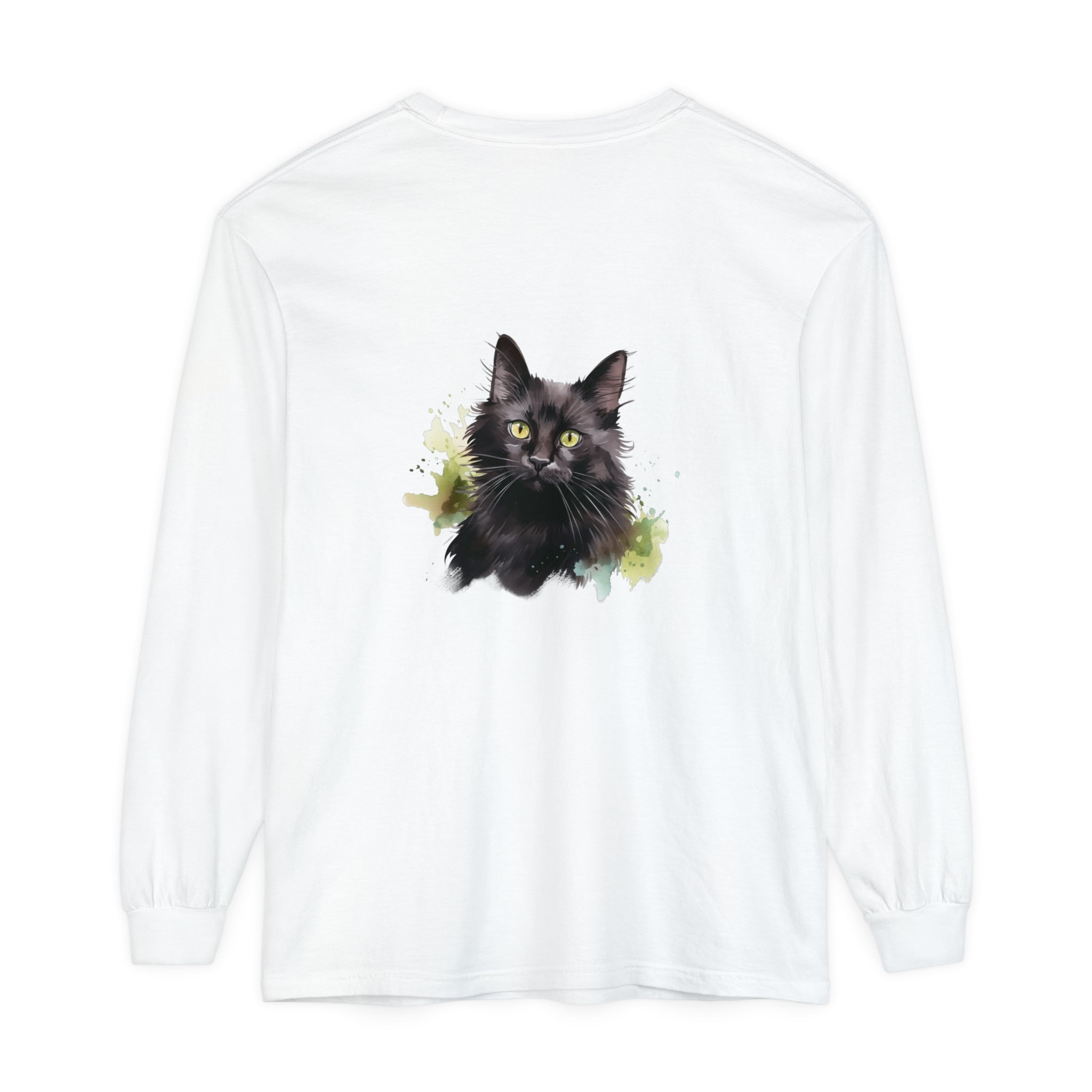 Black Cat Watercolor Splash Long Sleeve T-Shirt with vibrant, artistic design