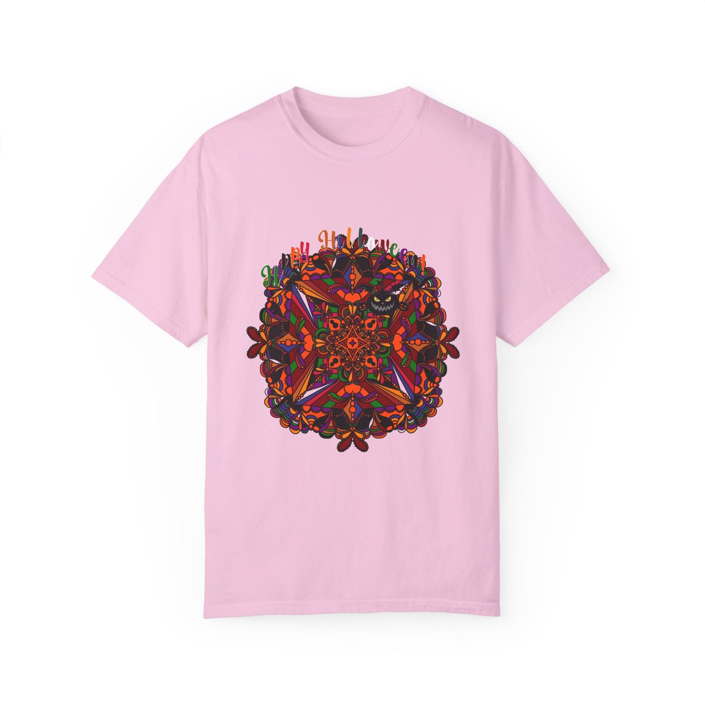 Unisex Halloween Mandala T-shirt featuring handmade pumpkin mandala art on garment-dyed tee