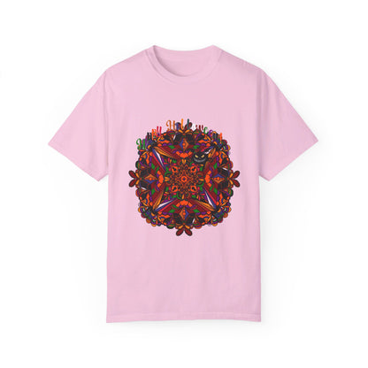 Unisex Halloween Mandala T-shirt featuring handmade pumpkin mandala art on garment-dyed tee