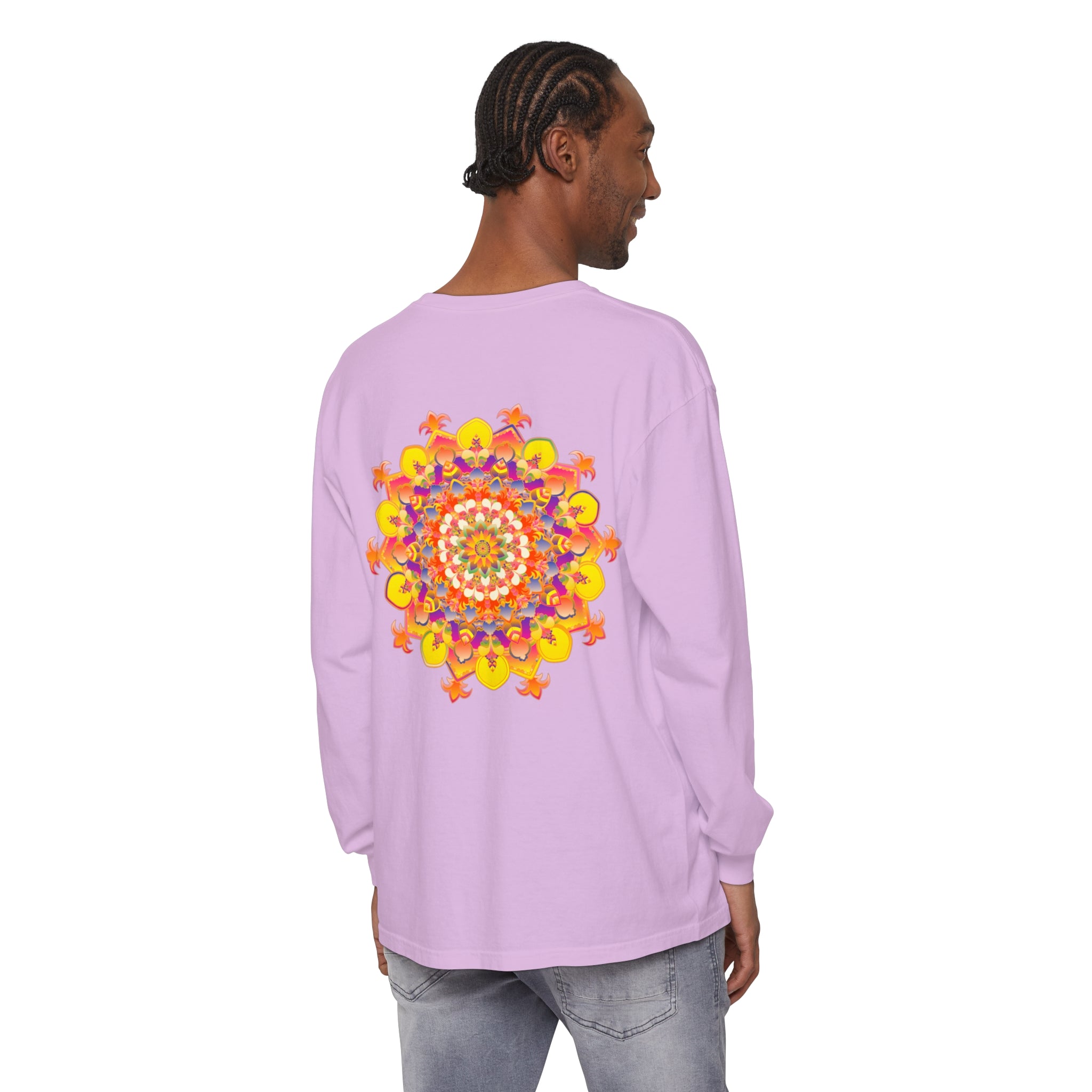 Colorful and intricate mandala design on a long sleeve t-shirt for both men and women