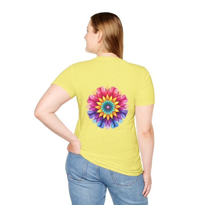 A close-up image of a colorful Floral Mandala Quote T-Shirt with intricate floral and mandala design, perfect for adding a touch of boho chic to your wardrobe