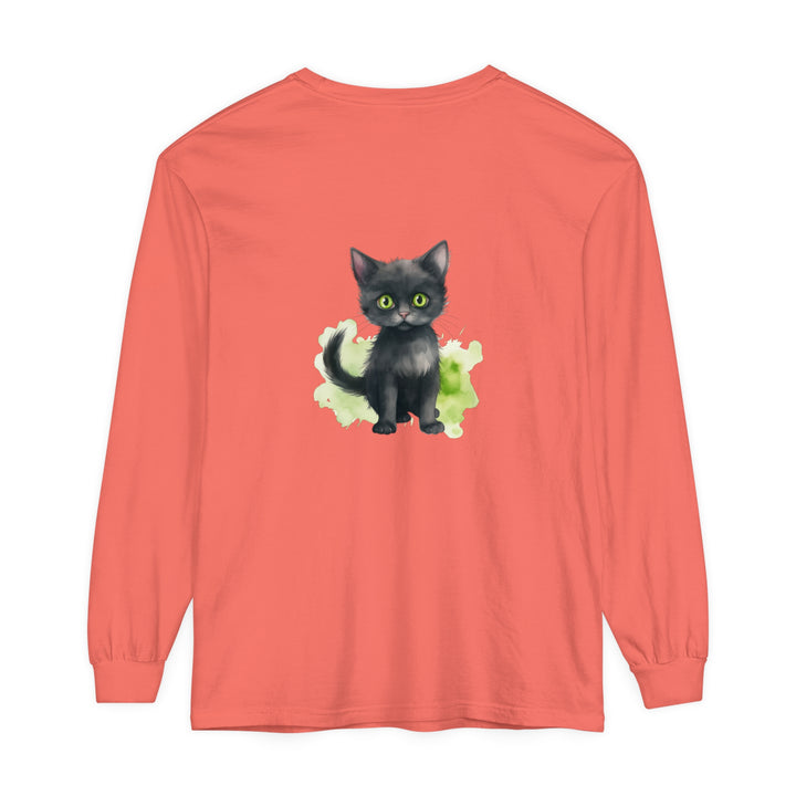 Black cat watercolor long sleeve t-shirt with vibrant and detailed feline design