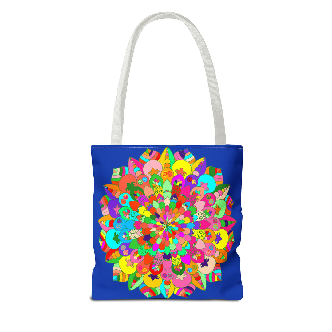 Dark blue tote bag featuring a vibrant and intricate mandala art design