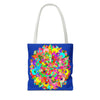 Dark blue tote bag featuring a vibrant and intricate mandala art design