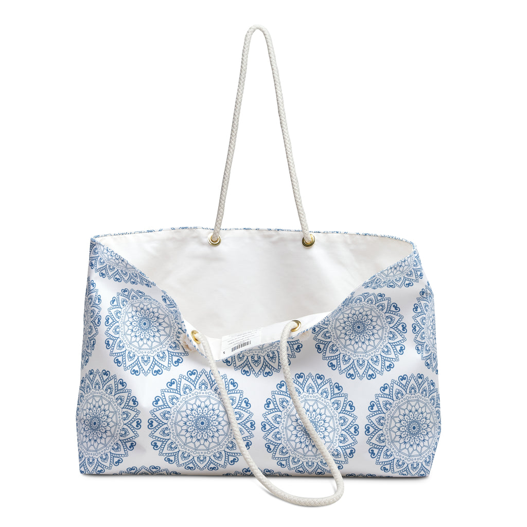 Mandala Design Weekender Bag - Serene Travel Tote in Blue and White