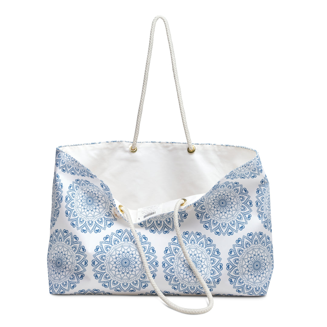 Mandala Design Weekender Bag - Serene Travel Tote in Blue and White