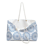 Mandala Design Weekender Bag - Serene Travel Tote in Blue and White