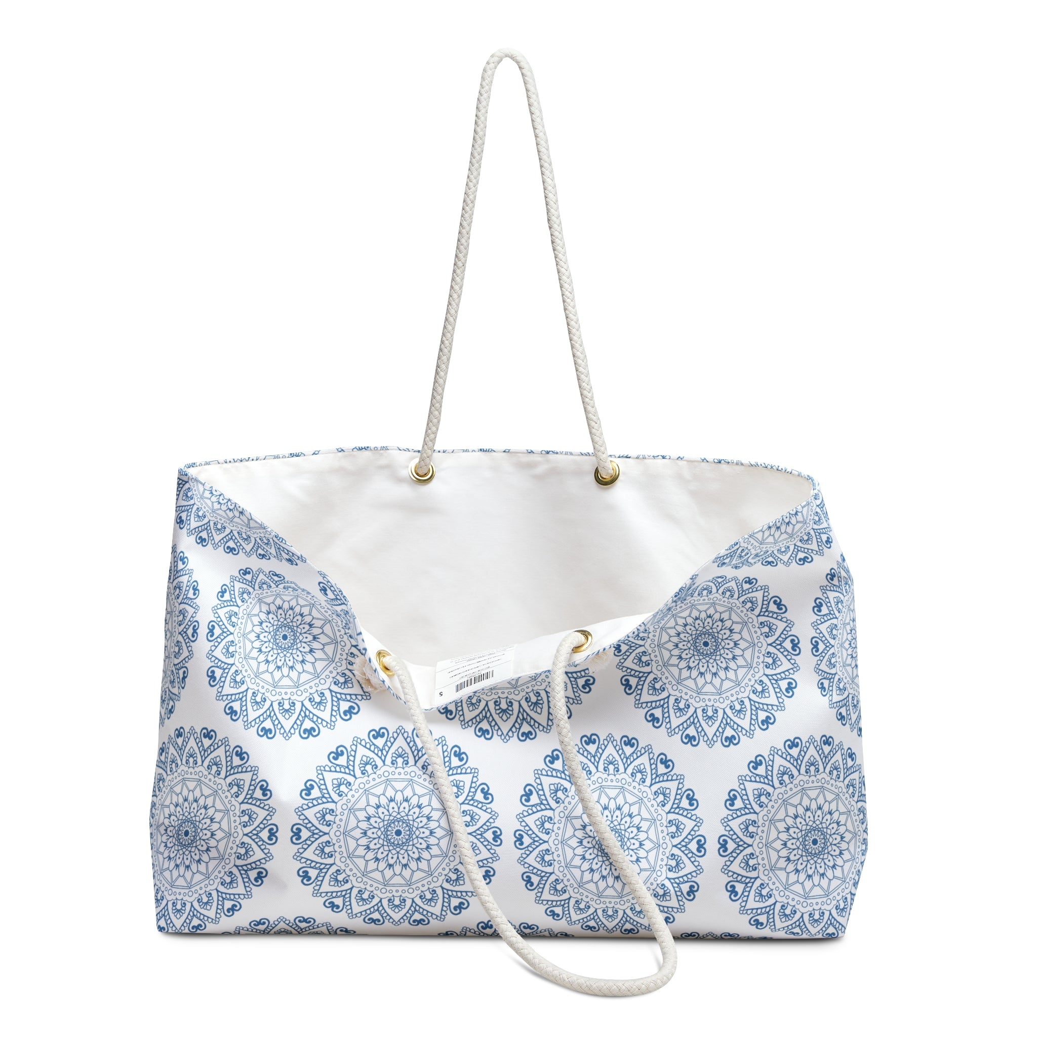 Mandala Design Weekender Bag - Serene Travel Tote in Blue and White