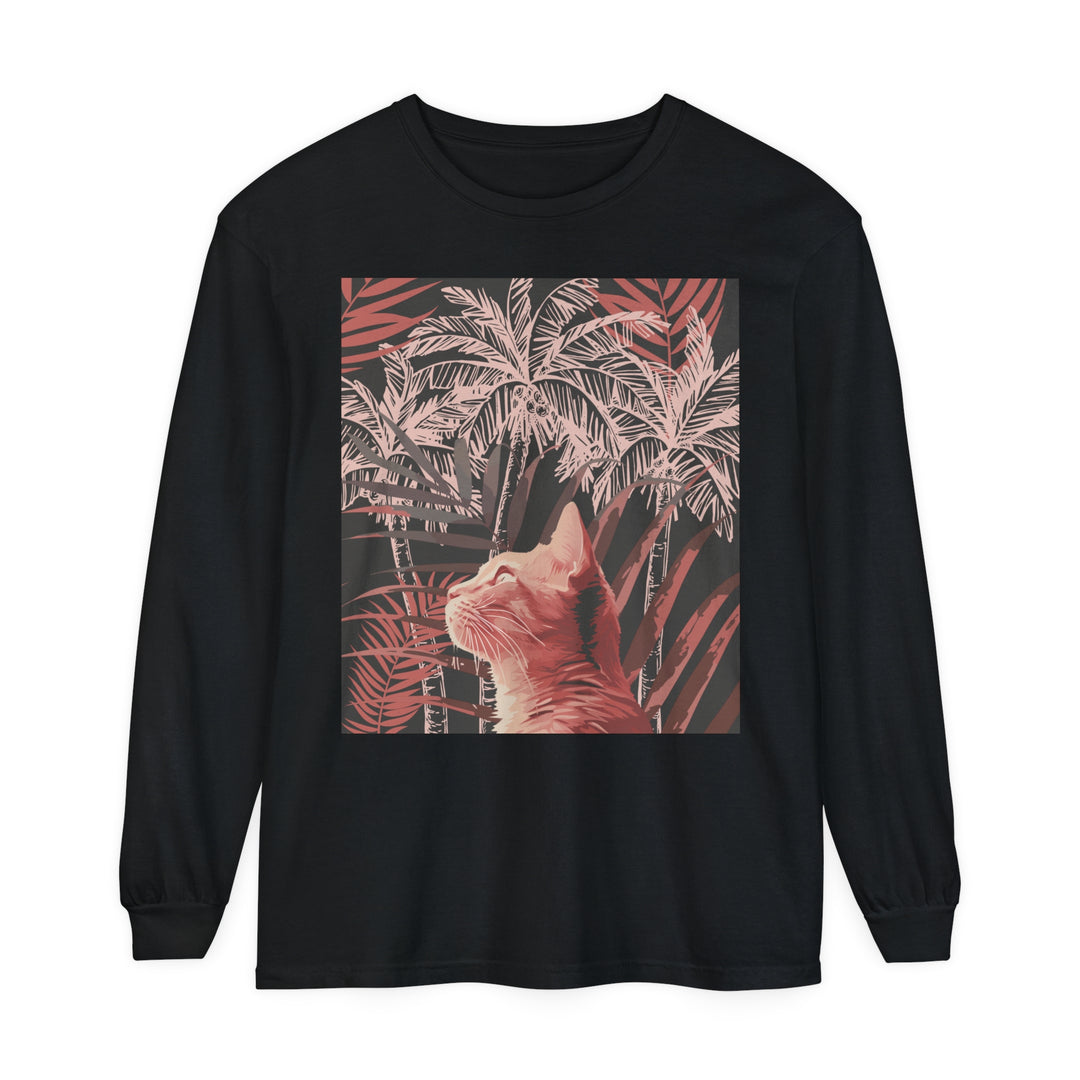 A ginger cat lounging under a palm tree on a comfortable t-shirt