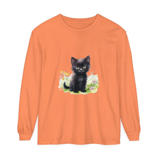 Adorable black kitten sitting in a colorful flower garden printed long sleeve t-shirt