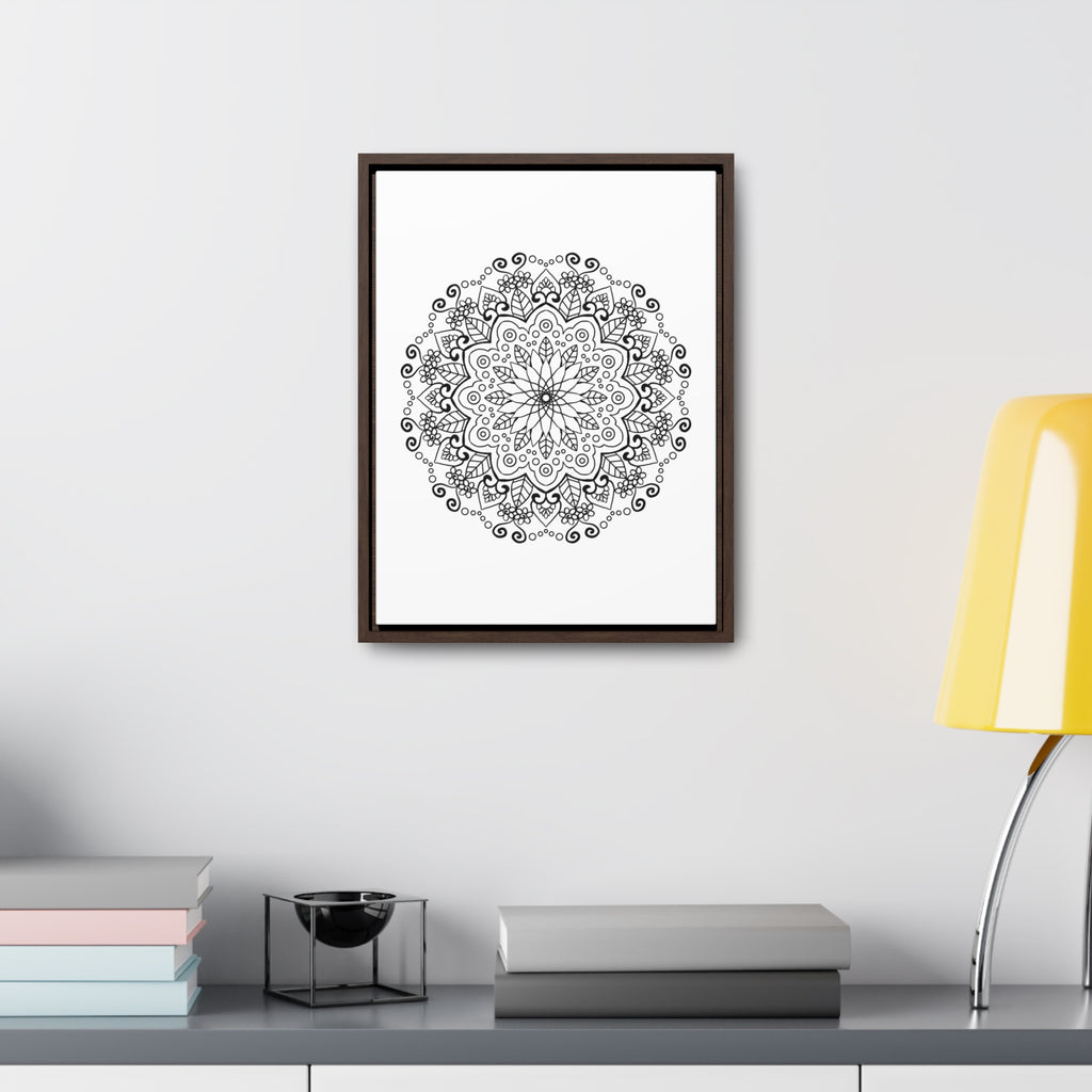 A detailed black and white mandala handmade art on gallery canvas wraps with a vertical frame