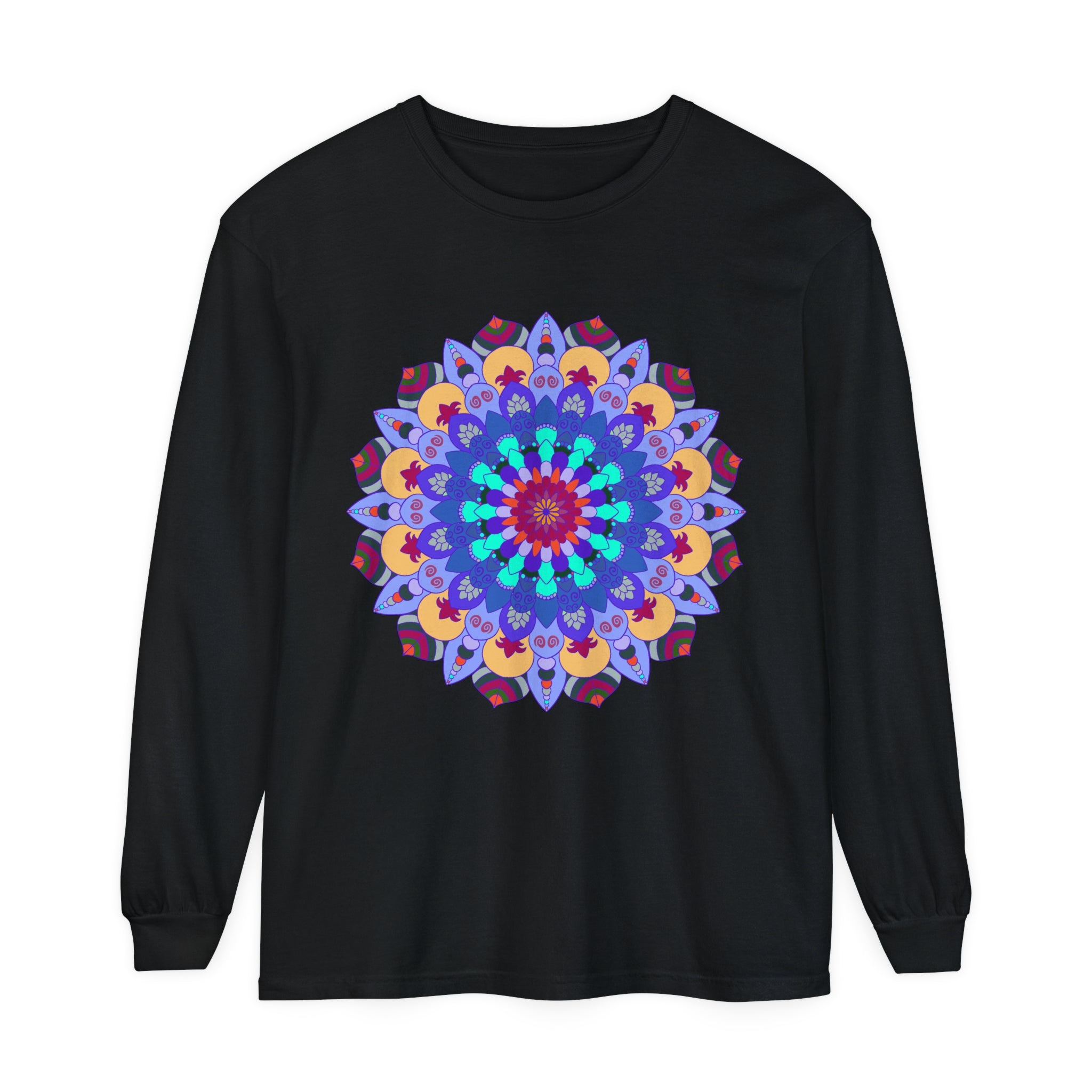 Colorful and intricate mandala design long sleeve t-shirt for a vibrant look