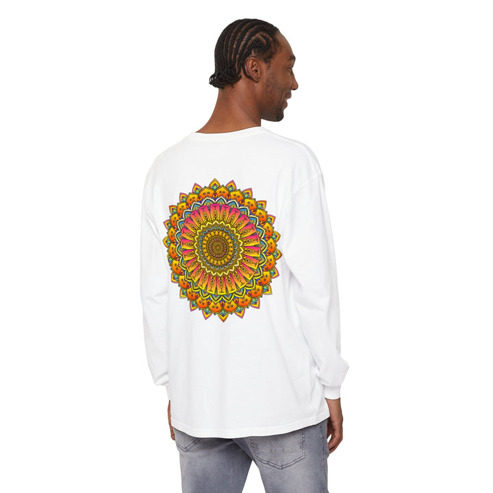 Colorful and intricate mandala design on a long sleeve unisex t-shirt