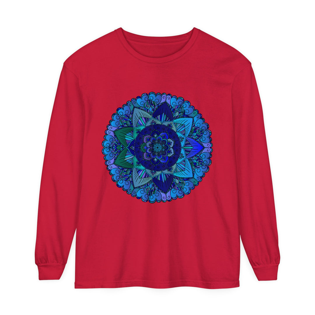 Dark blue and green mandala long sleeve t-shirt with intricate design