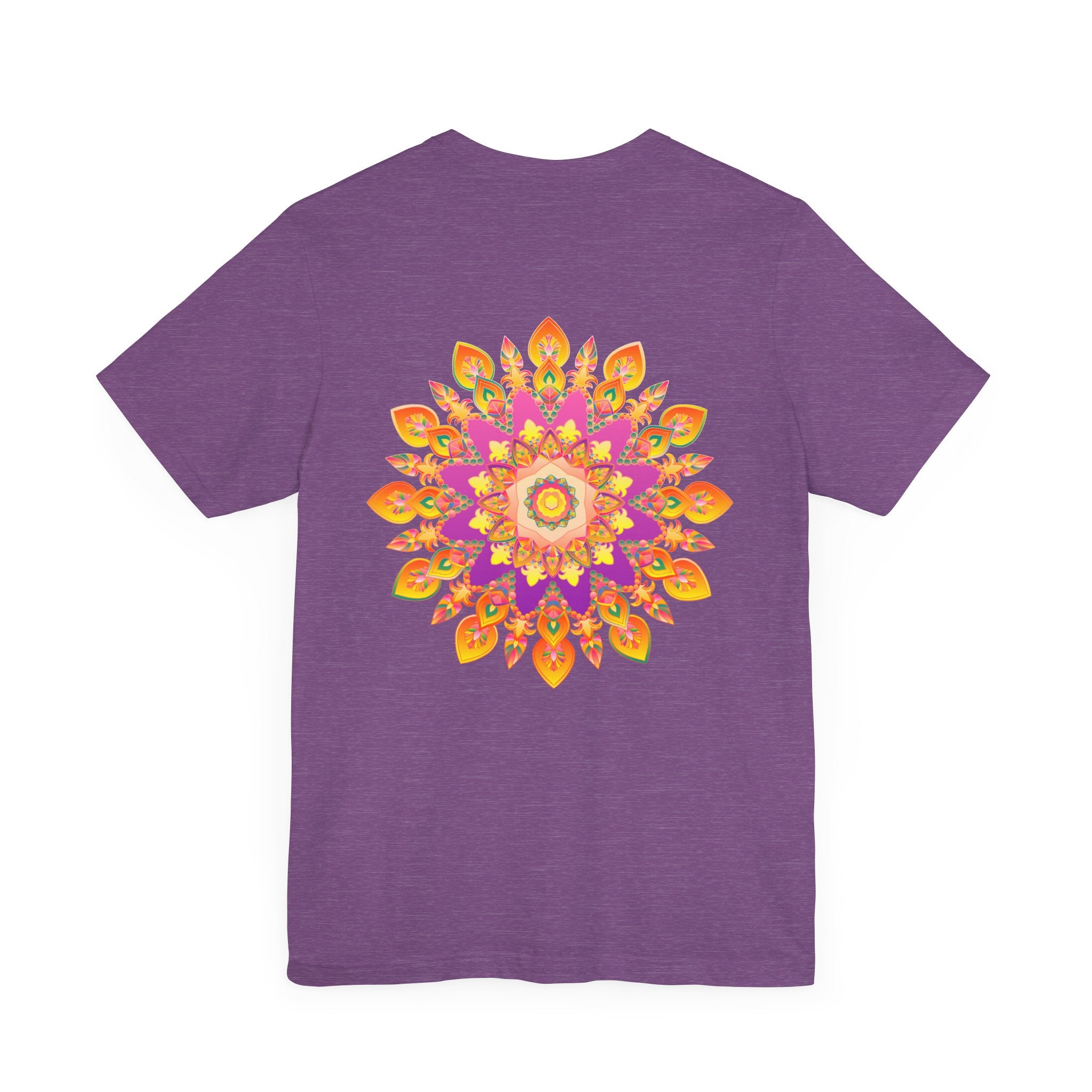 A colorful and intricately designed mandala t-shirt featuring symbols of peace and harmony