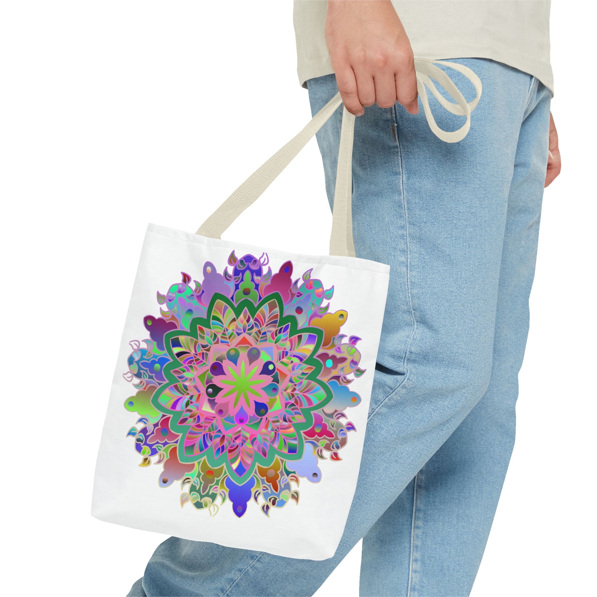 Vibrant and intricate colorful mandala print tote bag with all-over print design