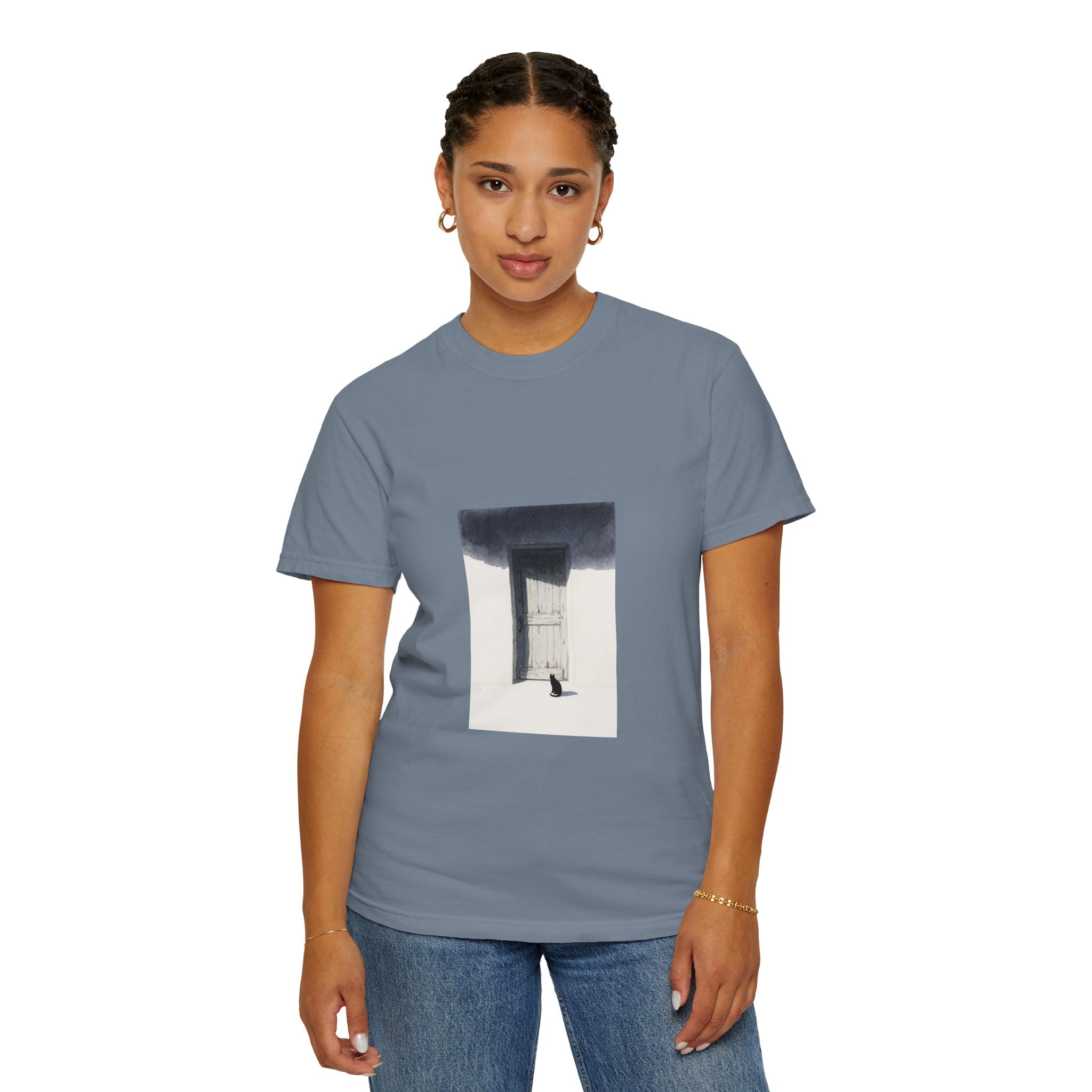 T-Shirt — Minimal Art Cat at Door Graphic Tee