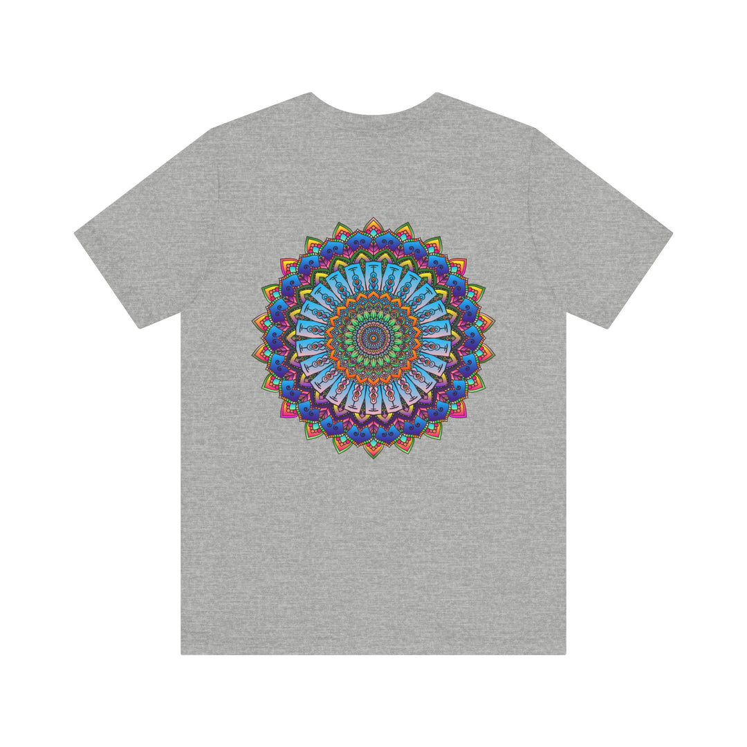 A close-up image of a vibrant mandala tee, featuring intricate designs that evoke feelings of spiritual peace and harmony