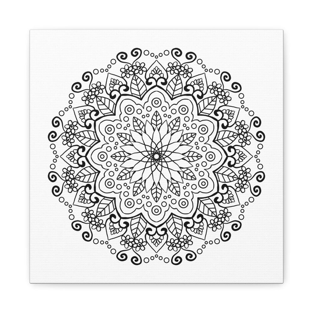 Handmade Mandala Art featuring a black and white design on matte canvas, stretched to 125 inches
