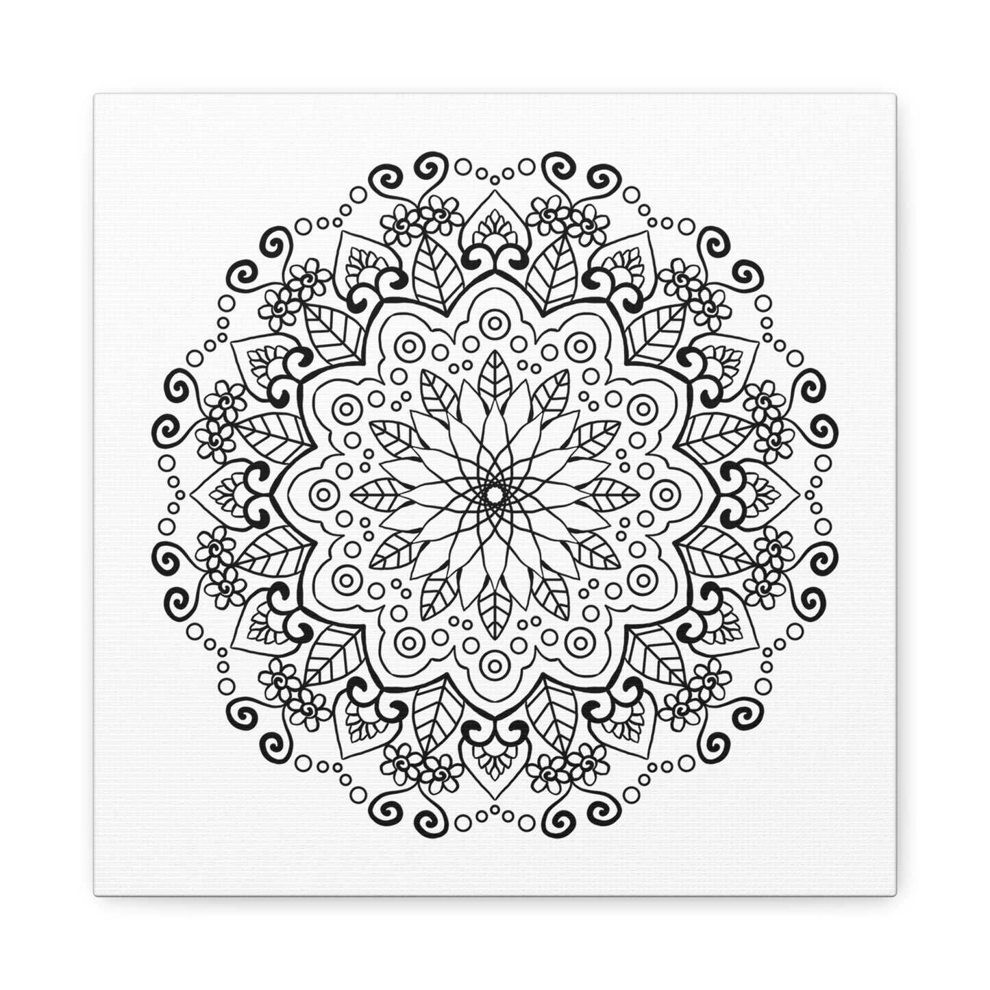 Handmade Mandala Art featuring a black and white design on matte canvas, stretched to 125 inches