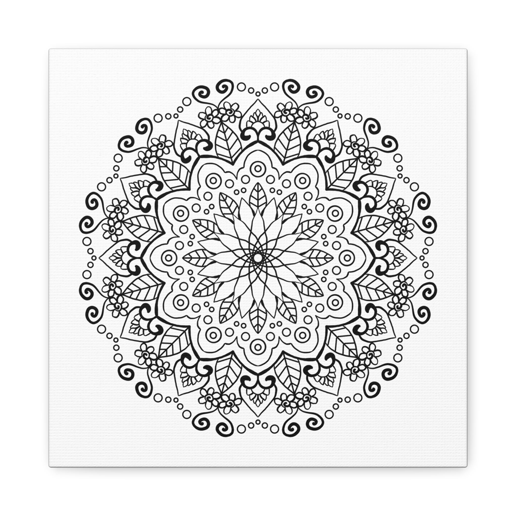 Handmade Mandala Art featuring a black and white design on matte canvas, stretched to 125 inches