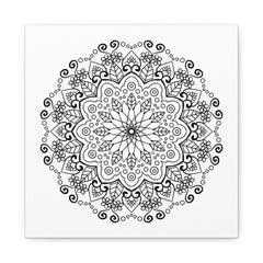 Handmade Mandala Art featuring a black and white design on matte canvas, stretched to 125 inches